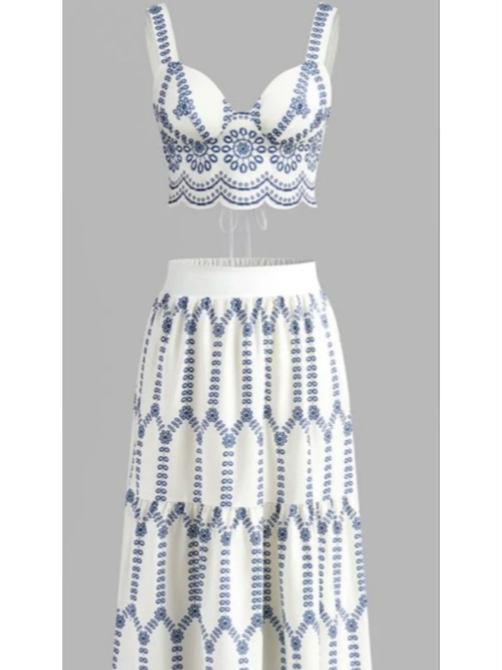 NWT Commense White & Blue Embroidered Two-Piece Maxi Skirt Set M